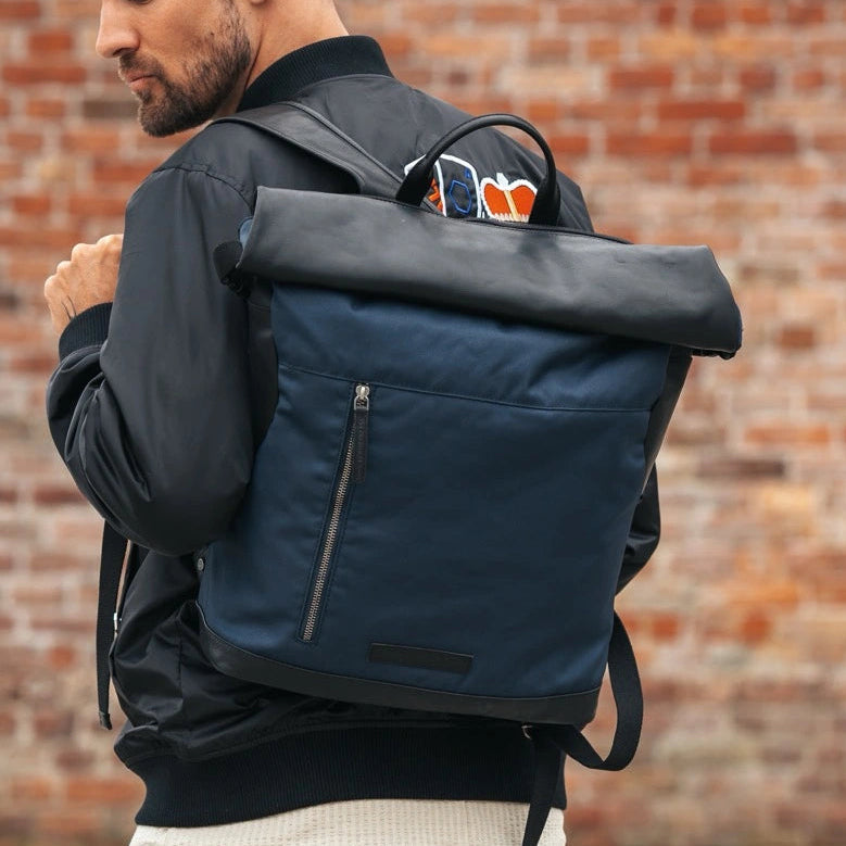Navy Leather Roll-top Backpack Bornholm, product view 2