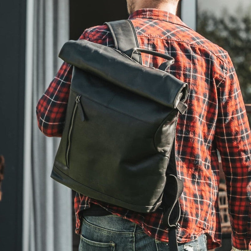 Black Leather Roll-top Backpack Liverpool, front view