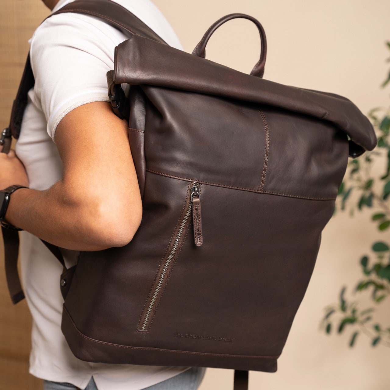 Brown Leather Roll-top Backpack Liverpool, product view 2