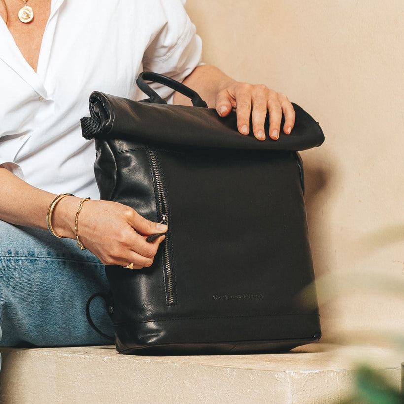 Black Leather Roll-top Backpack Mazara, front view
