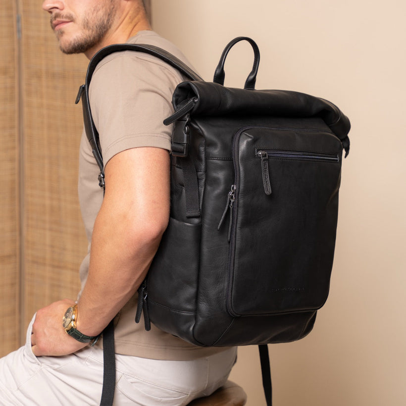 Black Leather Roll-top Backpack Remo, front view