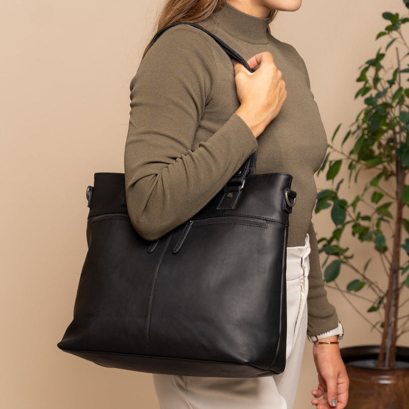 Black Leather Shopper Rome, front view