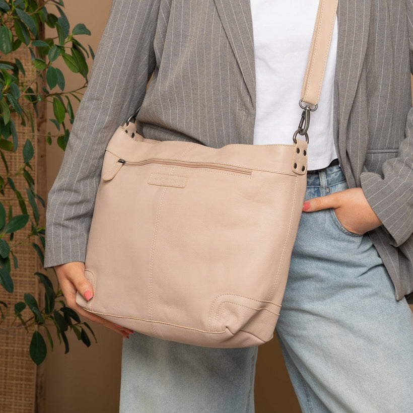 Beige Leather Shoulder Bag Astero, front view