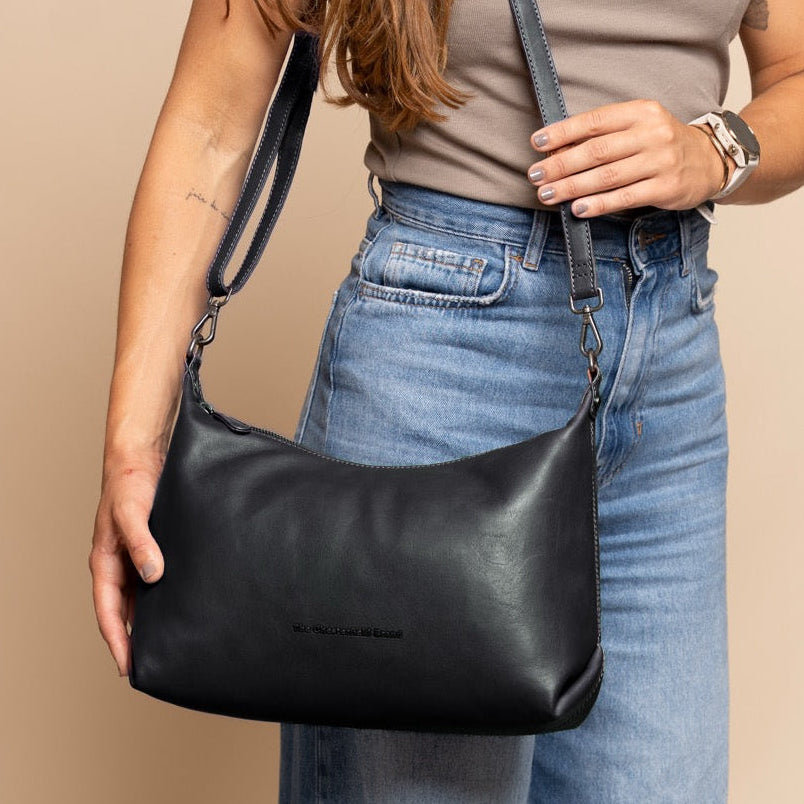 Black Leather Shoulder Bag Skara, front view