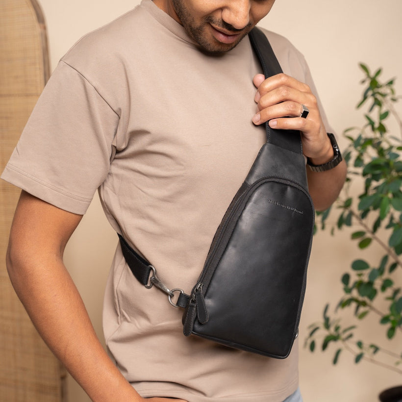Black Leather Sling Bag Bowey, front view