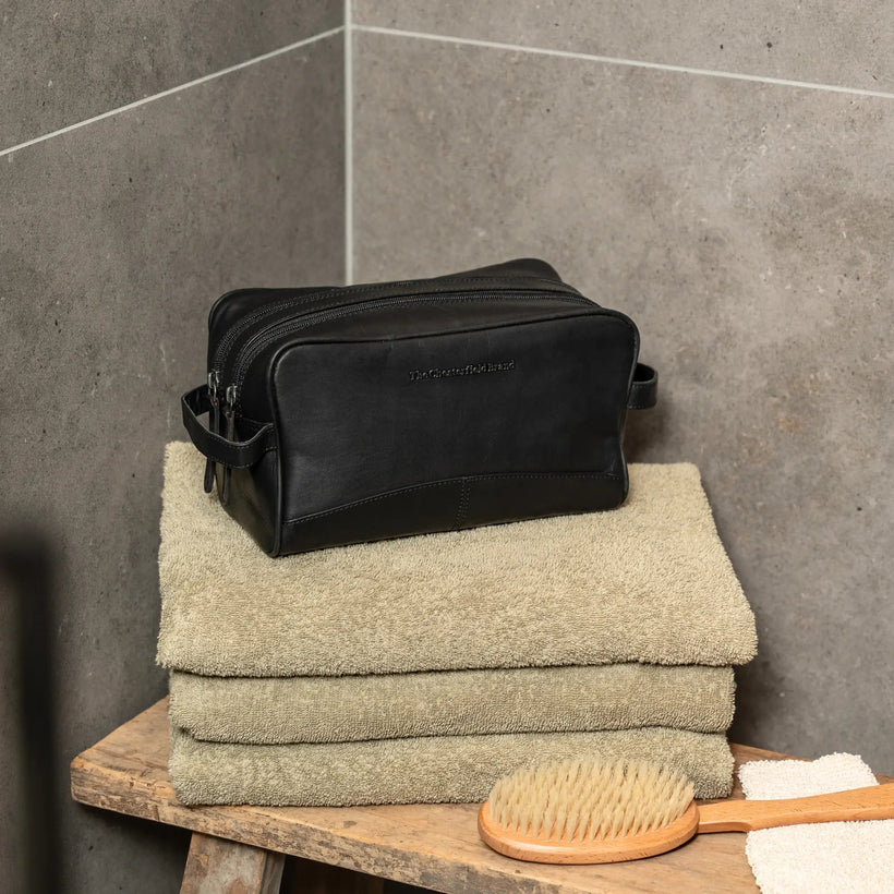 Black Leather Toiletry Bag Stacey, front view
