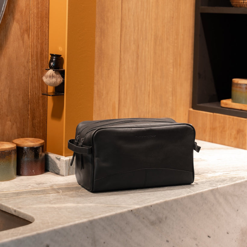 Black Leather Toiletry Bag Stefan, front view