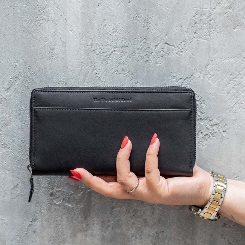 Black Leather Wallet Halle, front view