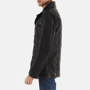 Close-Up Detail of Notch & Button Hardware on Leo Black Leather Coat