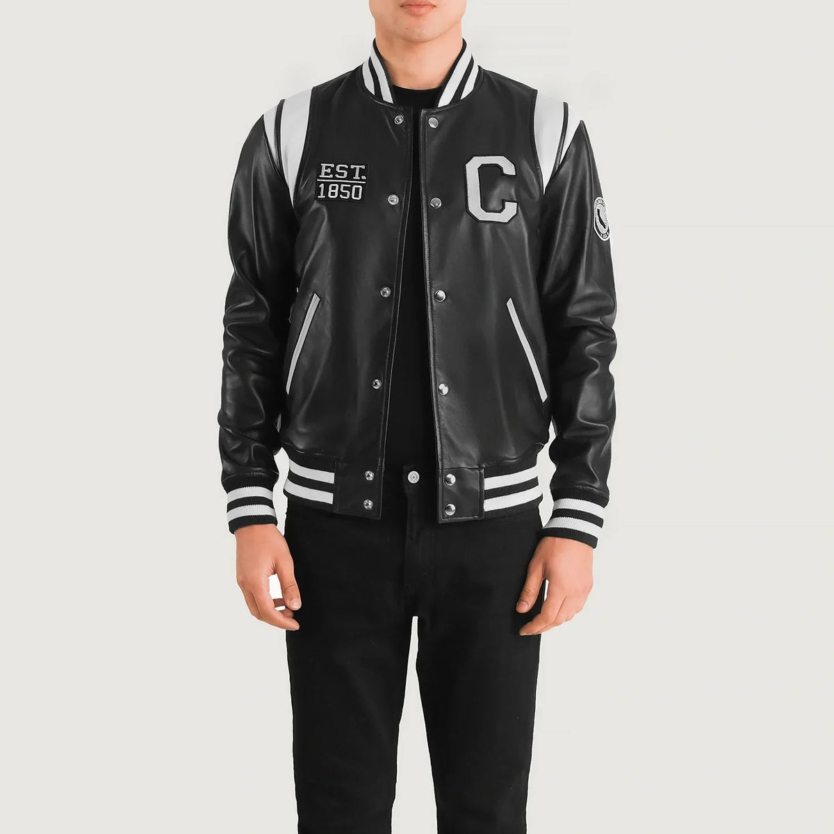 Liberte California Black Leather Varsity Jacket in Black & White Sheepskin Leather - Front Profile View & Tailored Silhouette | Buy Online
