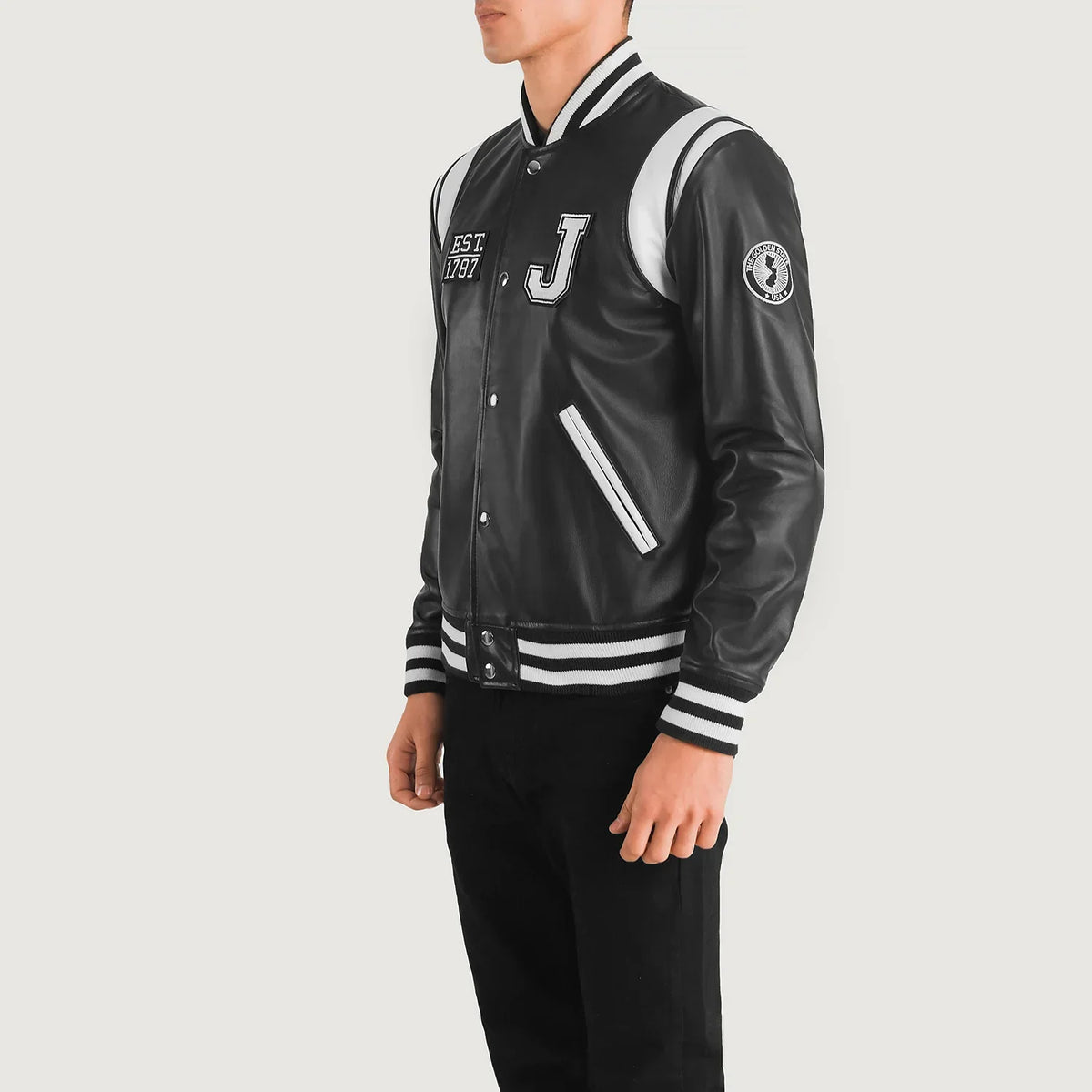 Black & White Sheepskin Leather Varsity Jacket - Back View Showing Tailored Shoulder Fit & Clean Hemline