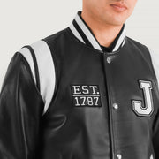 Close-Up Detail of Varsity & Snap Button Hardware on Liberte New Jersey Black Leather Varsity Jacket