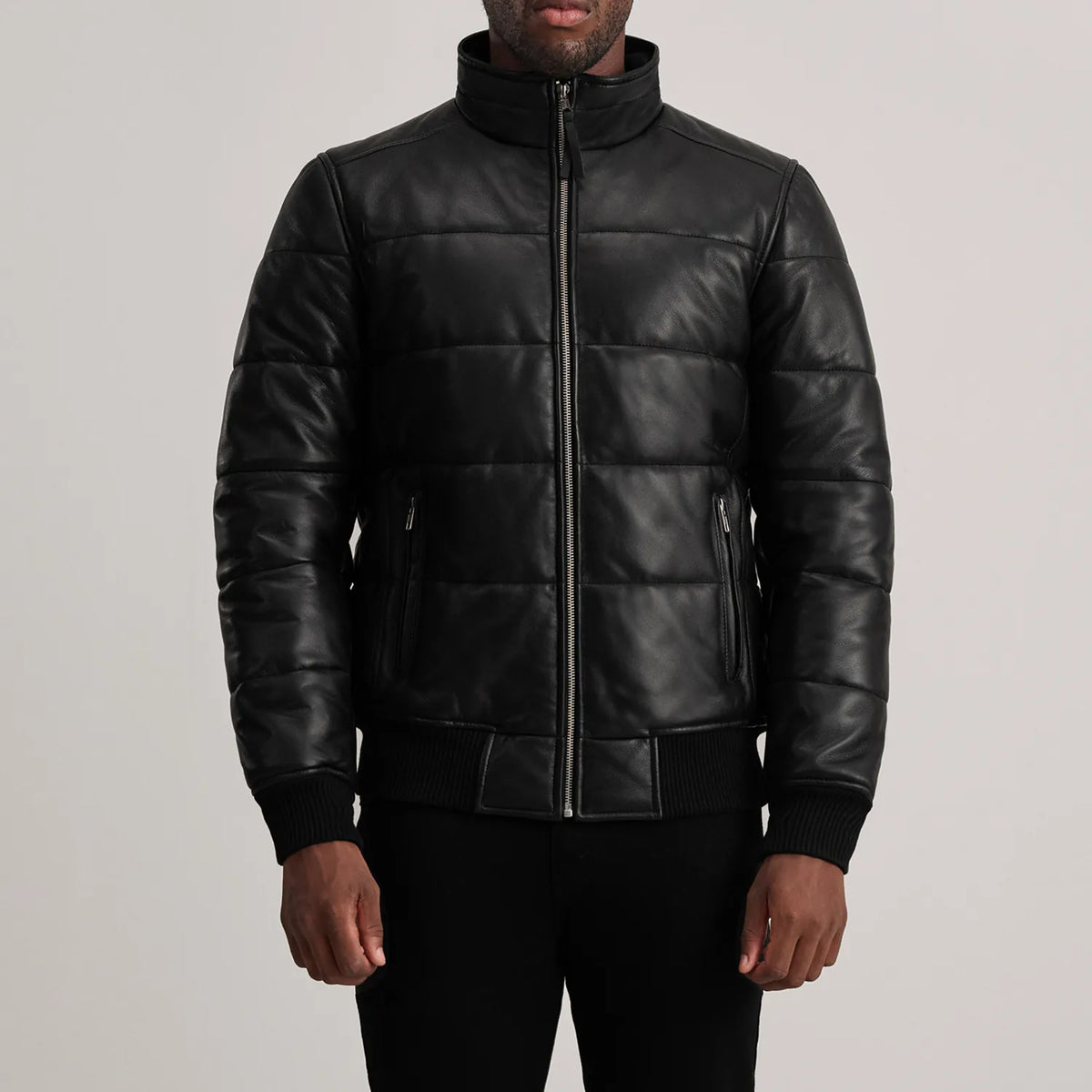 Close-Up Detail of High neck & Zipper Hardware on Lucas Blue Leather Puffer Bomber Jacket