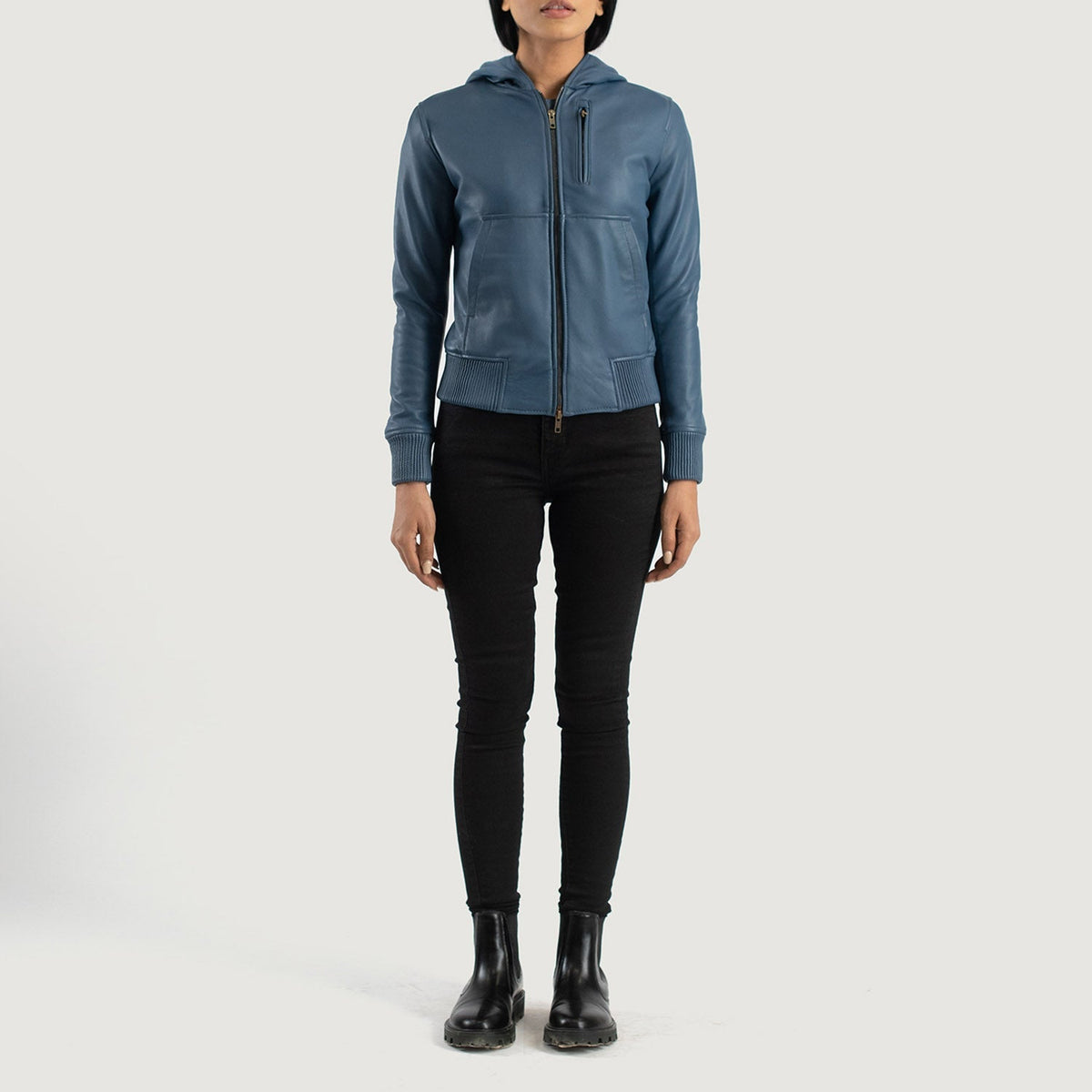 Women's Luna Blue Hooded Leather Bomber Jacket - Lateral Side Profile View Showing Sleeve Cut & Athletic Taper Fit
