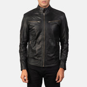 Close-Up Detail of Band & Zipper Hardware on Men's Mack Black Leather Biker Jacket