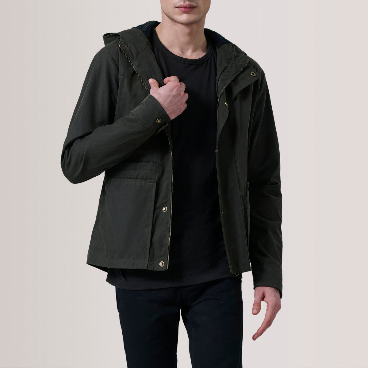 Marlo Olive Canvas Hooded Work Jacket For Men in Olive Waxed Cotton Canvas - Front Profile View & Tailored Silhouette | Buy Online
