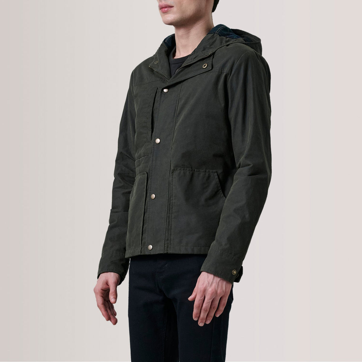 Marlo Olive Canvas Hooded Work Jacket For Men - Lateral Side Profile View Showing Sleeve Cut & Athletic Taper Fit