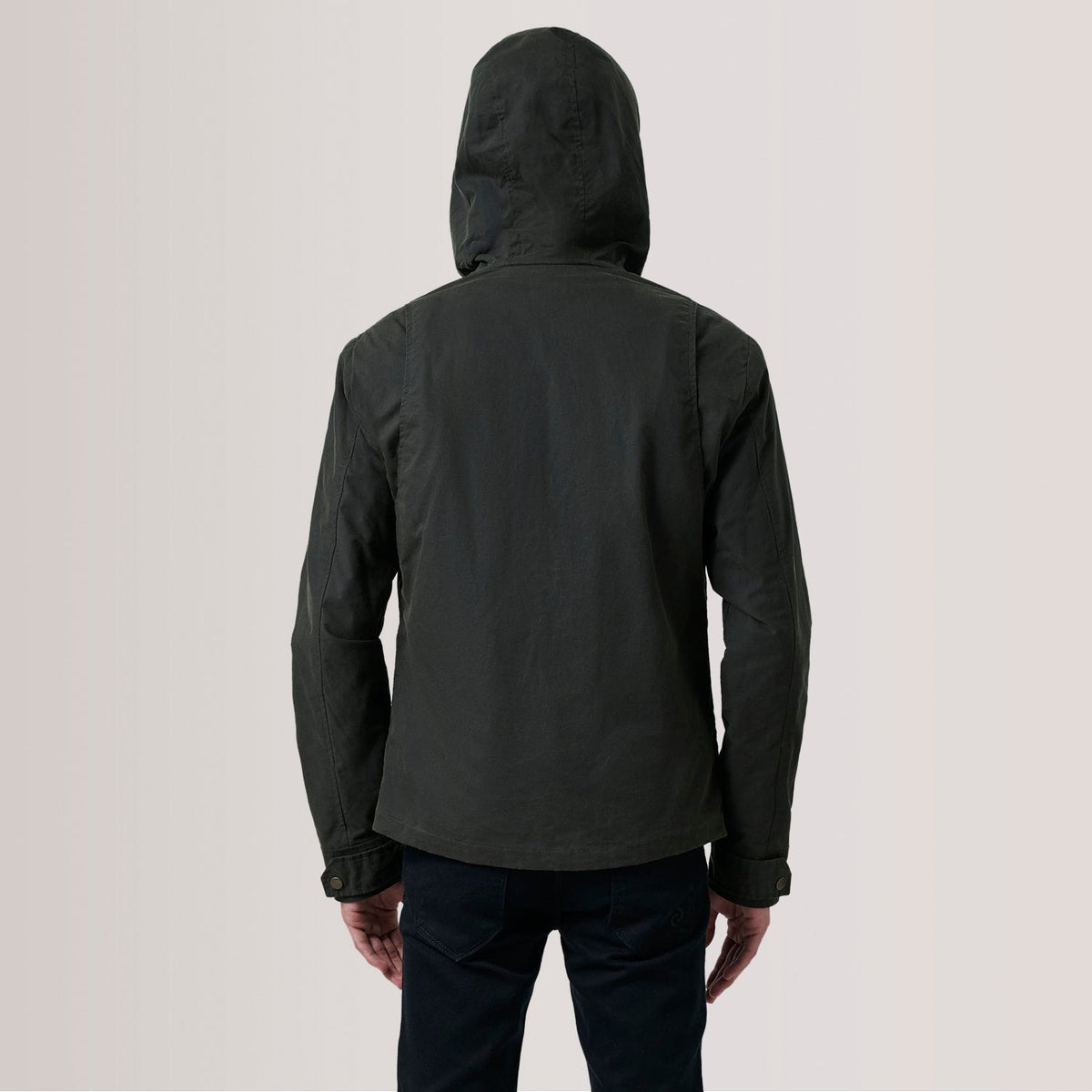 Close-Up Detail of Hooded & Zipper with placket Hardware on Marlo Olive Canvas Hooded Work Jacket For Men