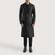 Mateo Black Leather Single Breasted Coat - Lateral Side Profile View Showing Sleeve Cut & Athletic Taper Fit