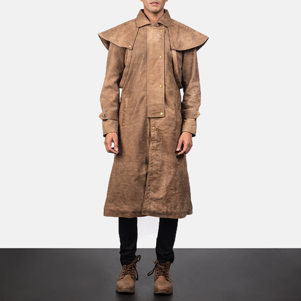 Close-Up Detail of Shirt & Heavy-Duty Zipper Hardware on Men's Maverick Brown Leather Duster
