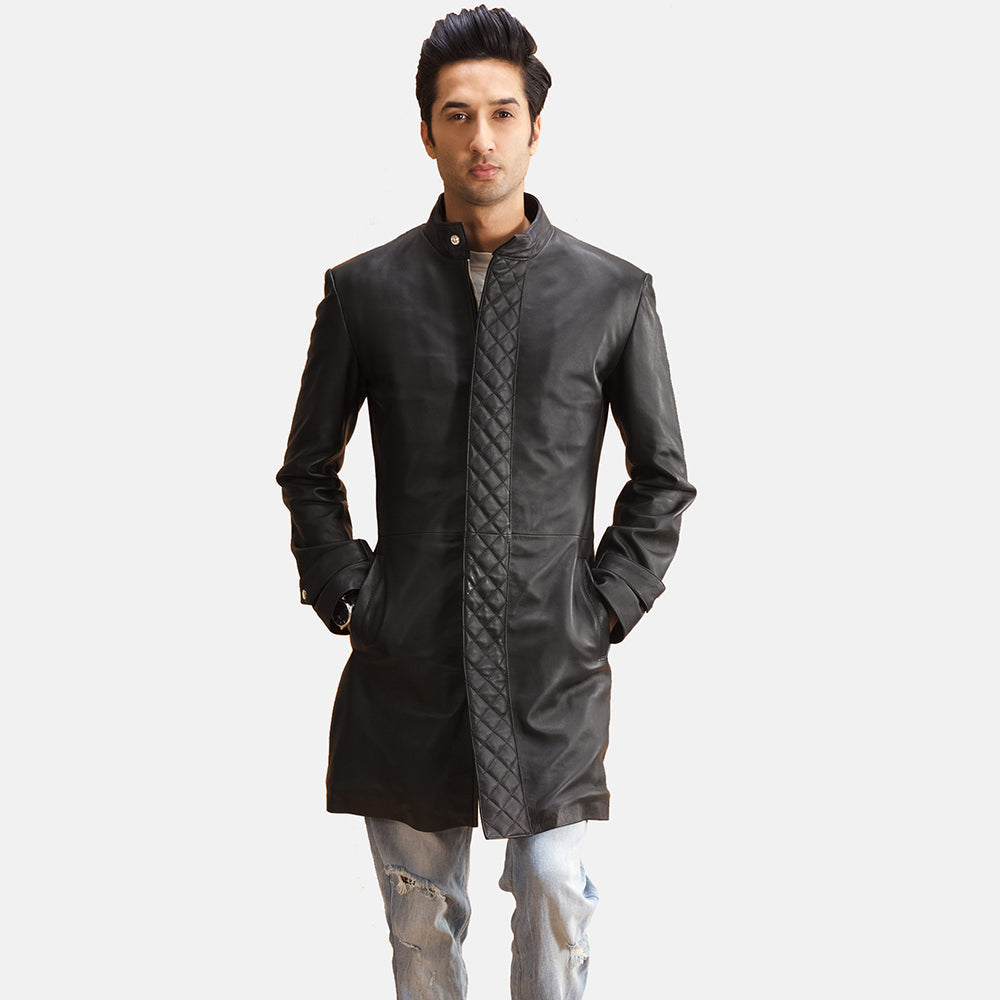 Men's Midlander Quilted Black Leather Coat in Black Sheepskin Leather - Front Profile View & Tailored Silhouette | Buy Online