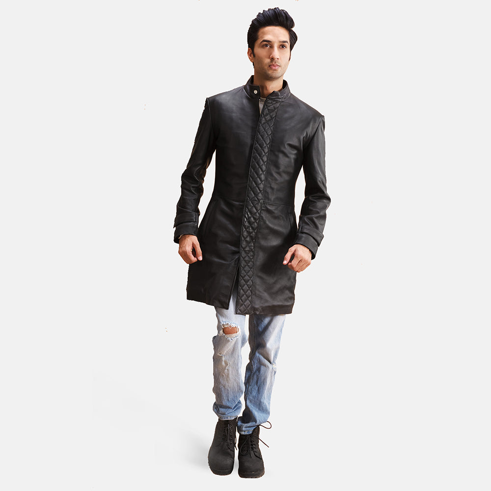 Close-Up Detail of Band with snap button & Zipper with button flap Hardware on Men's Midlander Quilted Black Leather Coat