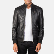 Moda Black Leather Bomber Jacket in Black Sheepskin Leather - Front Profile View & Tailored Silhouette | Buy Online