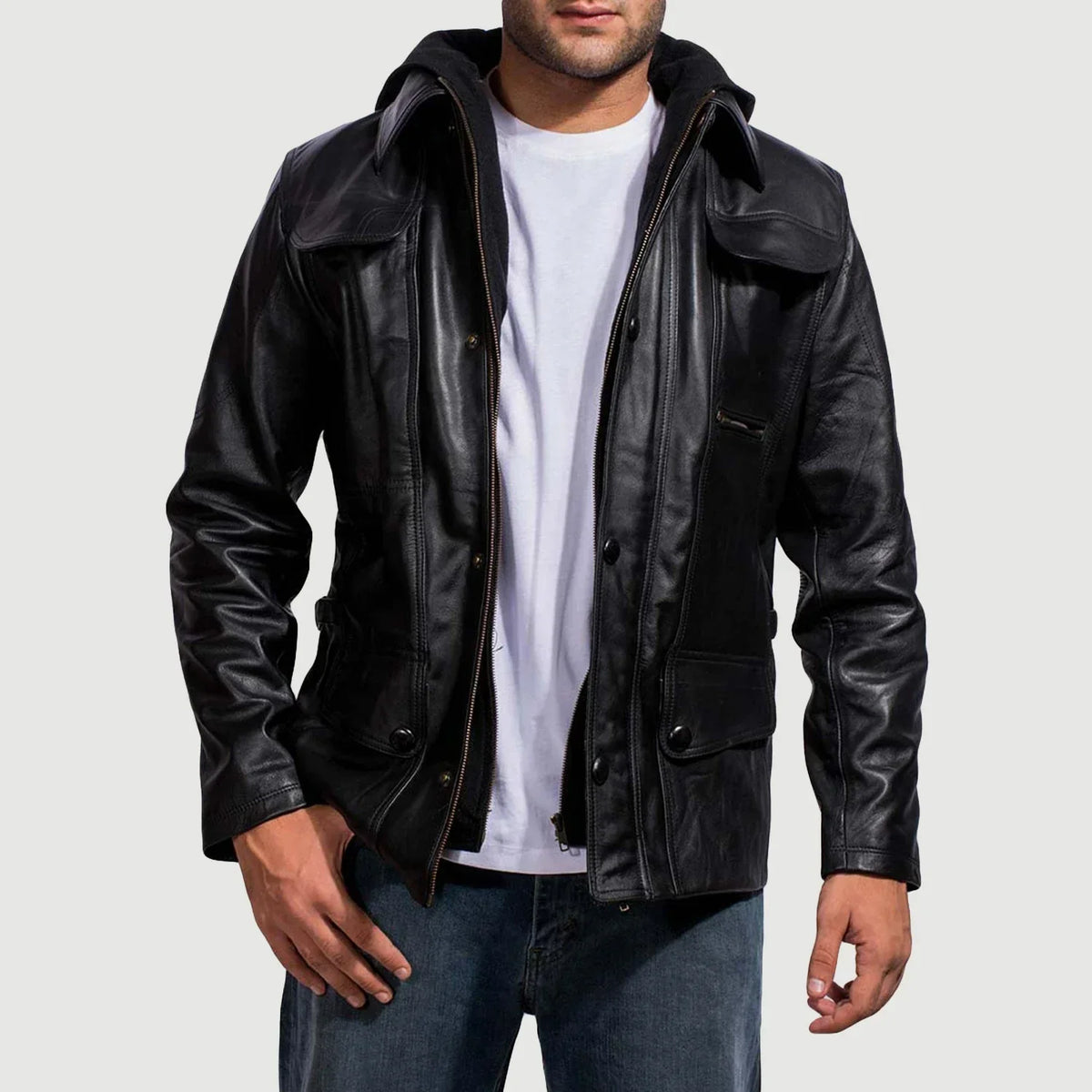 Men's hooded leather jacket category