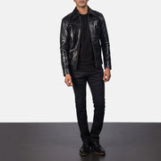 Close-Up Detail of Shirt & Zipper Hardware on Men's Mystical Black Leather Jacket