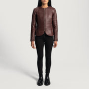 Close-Up Detail of Classic Collar & Zipper Hardware on Women's Nexi Quilted Maroon Leather Jacket