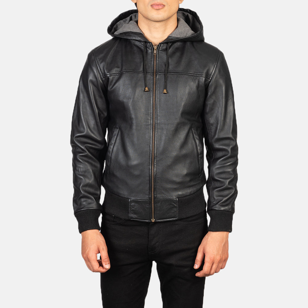 Close-Up Detail of Hooded & Zipper Hardware on Men's Nintenzo Black Hooded Leather Jacket