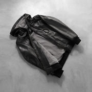 Styled Fit Perspective of Men's Nintenzo Black Hooded Leather Jacket on Model - Natural Daylight Drape