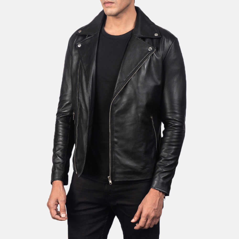 Black Sheepskin Leather Biker Jacket - Back View Showing Tailored Shoulder Fit & Clean Hemline