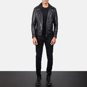 Close-Up Detail of Notch & Zipper Hardware on Men's Noah Black Leather Biker Jacket