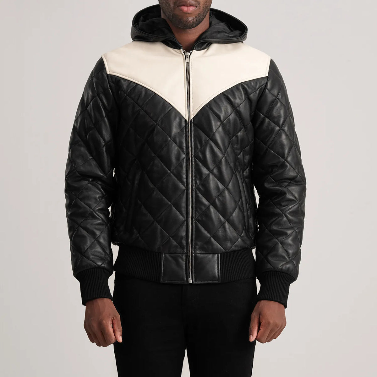 Close-Up Detail of Hooded & Zipper Hardware on Norman Tan Hooded Bomber Leather Puffer Jacket