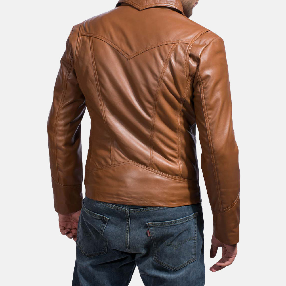 Close-Up Detail of Shirt & Zipper Hardware on Old School Brown Leather Jacket