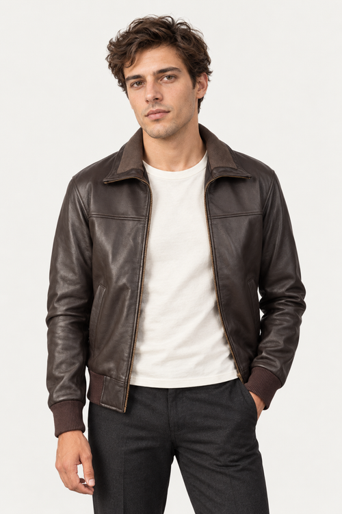 Orlaven Air Rolf dark brown leather bomber jacket on model, front hero view