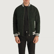 Pascal Green Suede Varsity Jacket in Green Goatskin Suede - Front Profile View & Tailored Silhouette | Buy Online