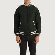 Close-Up Detail of Varsity collar & Zipper Hardware on Pascal Green Suede Varsity Jacket