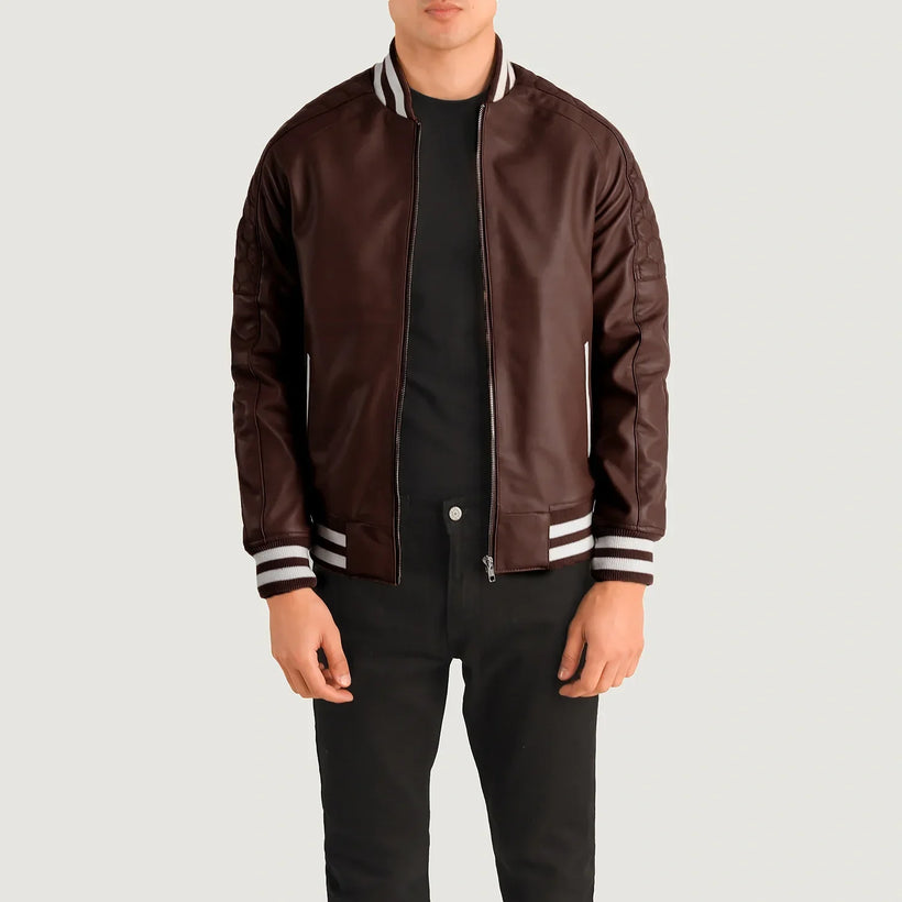 Pascal Maroon Leather Varsity Jacket in Maroon Sheepskin Leather - Front Profile View & Tailored Silhouette | Buy Online