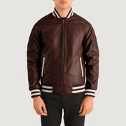 Close-Up Detail of Varsity collar & Zipper Hardware on Pascal Maroon Leather Varsity Jacket