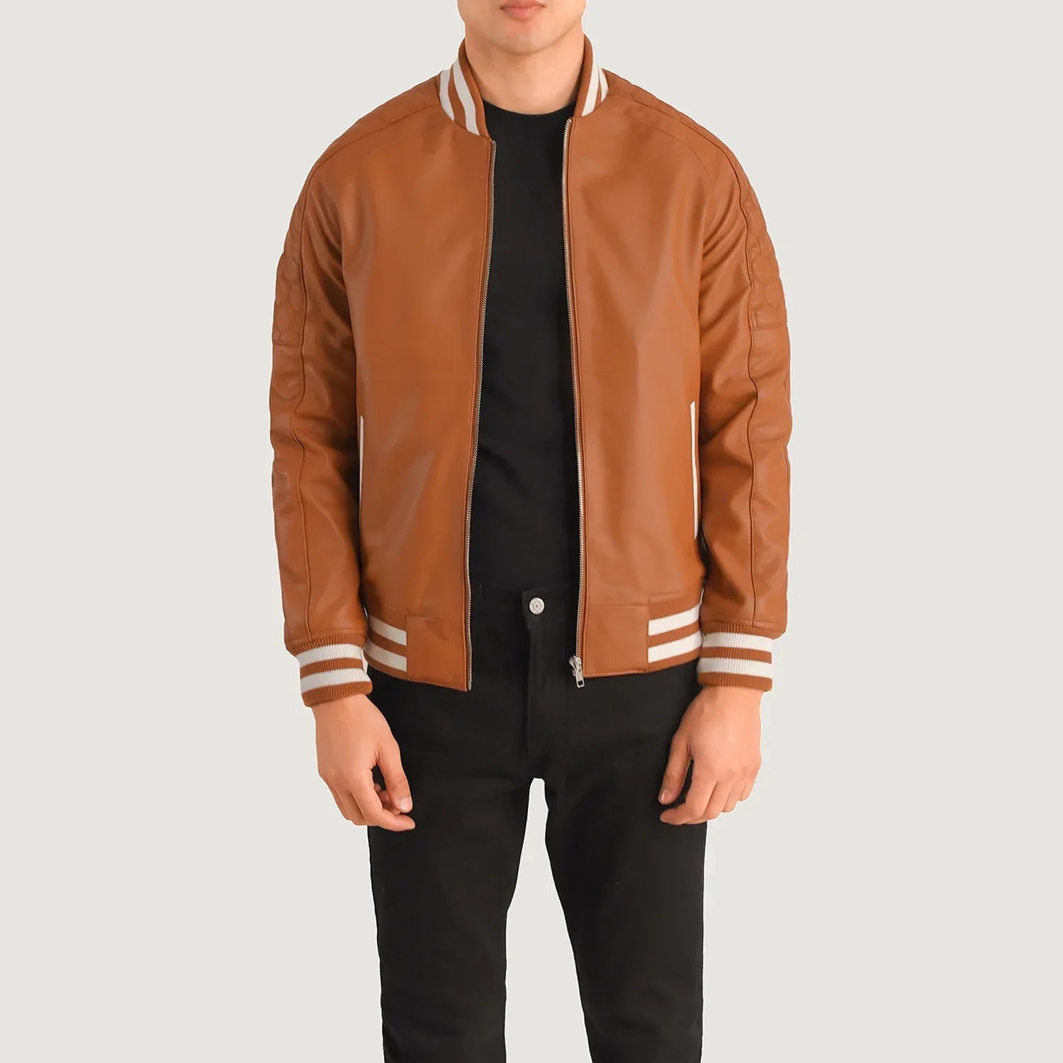 Pascal Tan Brown Leather Varsity Jacket - image 1