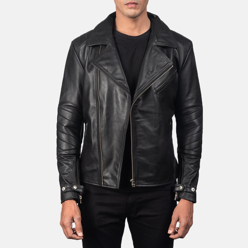 Men's Raiden Black Leather Biker Jacket in Black Cowhide Leather - Front Profile View & Tailored Silhouette | Buy Online