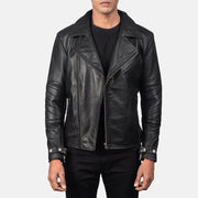 Men's Raiden Black Leather Biker Jacket in Black Cowhide Leather - Front Profile View & Tailored Silhouette | Buy Online