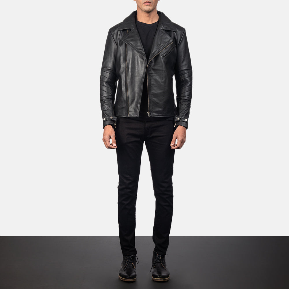 Men's Raiden Black Leather Biker Jacket - Lateral Side Profile View Showing Sleeve Cut & Athletic Taper Fit