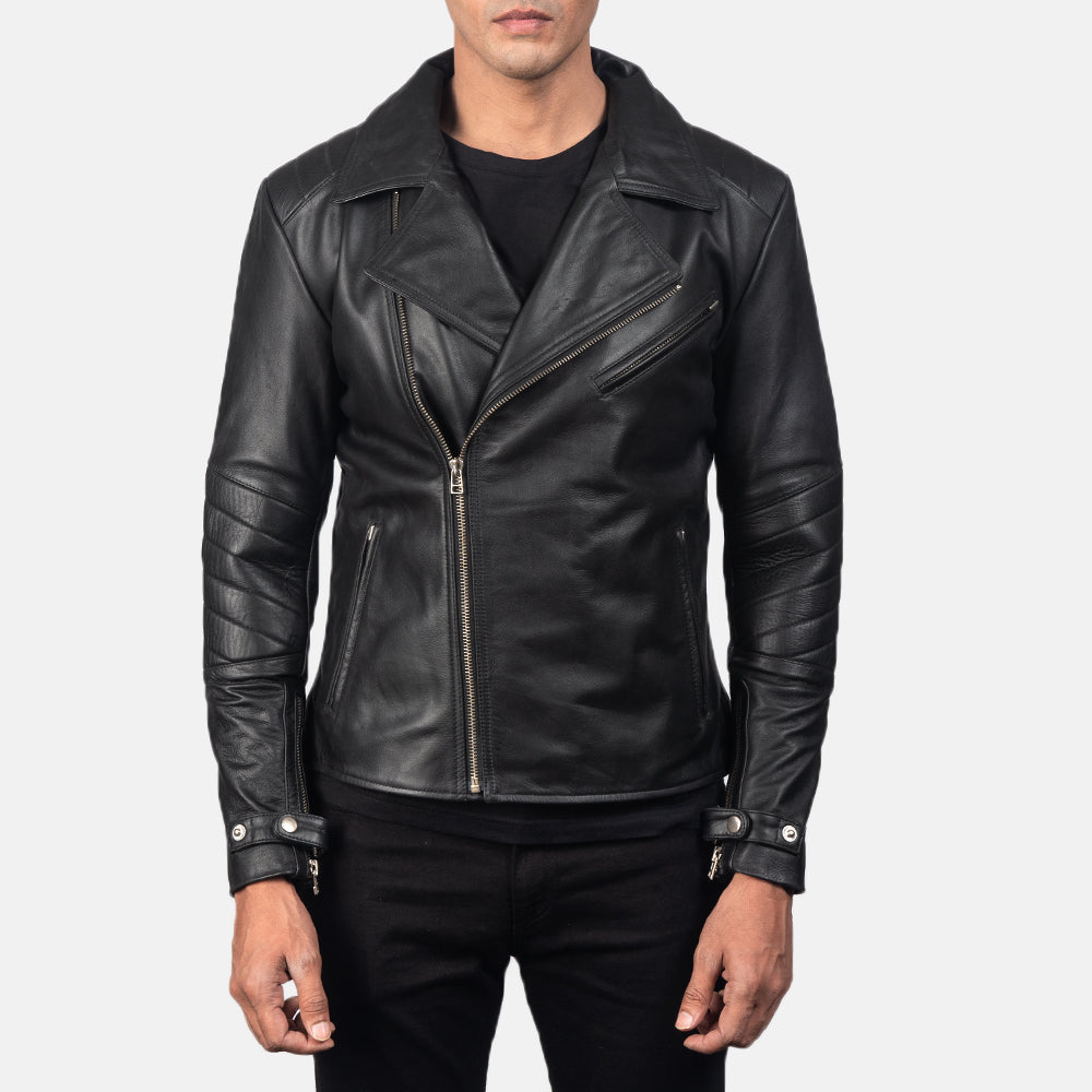 Close-Up Detail of Notch & Zipper Hardware on Men's Raiden Black Leather Biker Jacket