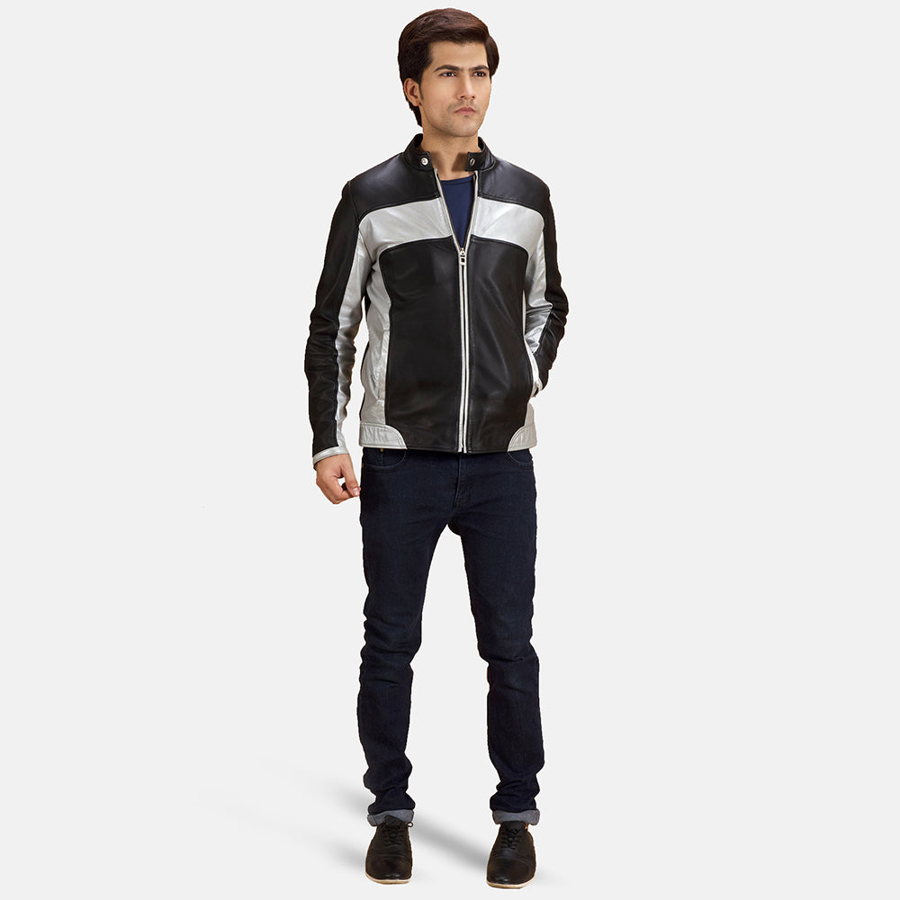 Close-Up Detail of Band with snap button & Zipper Hardware on Randolf Silver Black Leather Biker Jacket