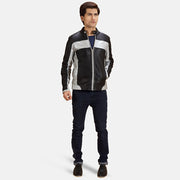 Close-Up Detail of Band with snap button & Zipper Hardware on Randolf Silver Black Leather Biker Jacket