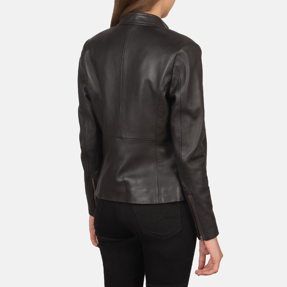 Close-Up Detail of Band with snap button & Zipper Hardware on Women's Rave Brown Leather Biker Jacket