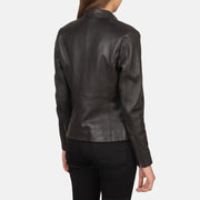 Close-Up Detail of Band with snap button & Zipper Hardware on Women's Rave Brown Leather Biker Jacket